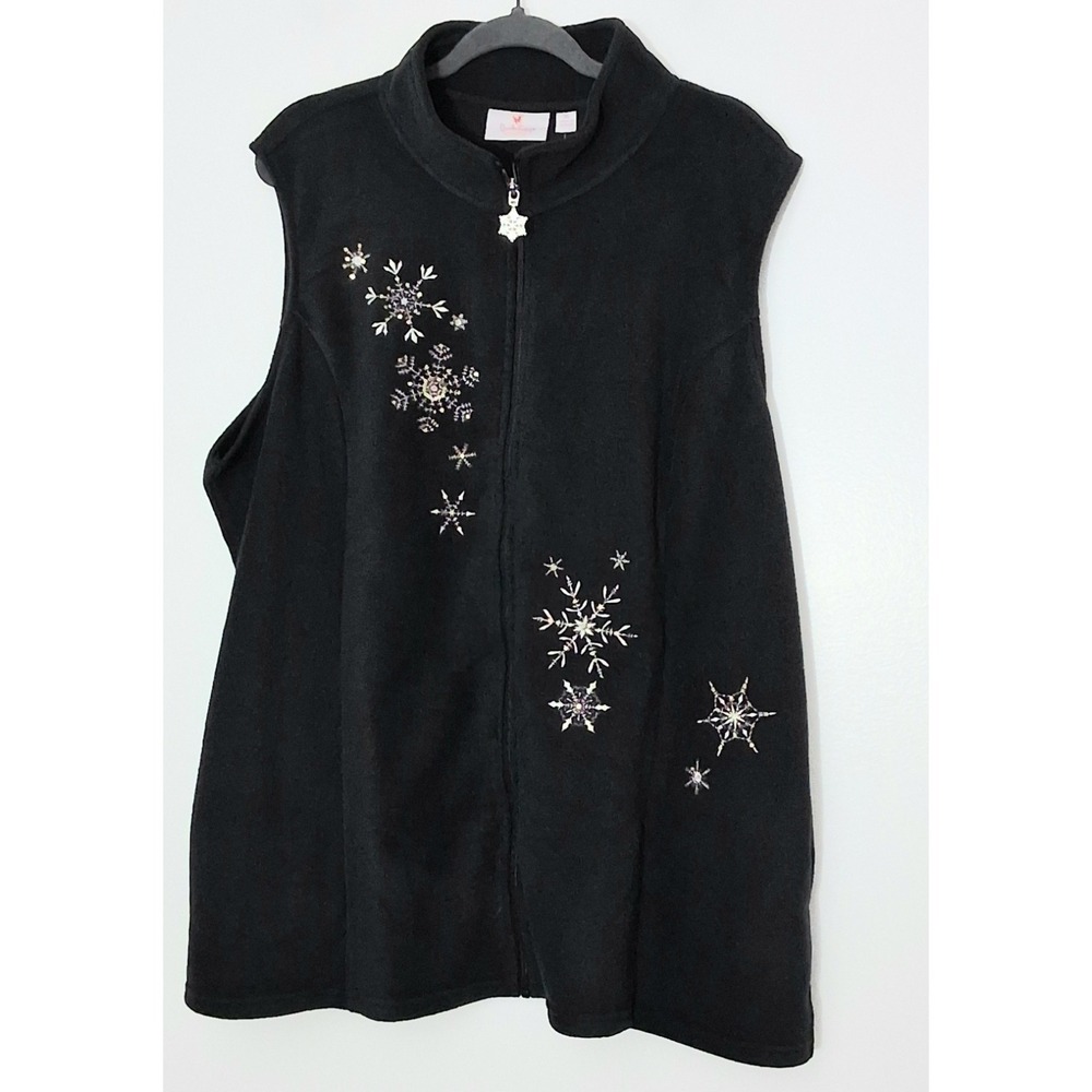 Quacker Factory Vest‎ Women's Size 2X Black Snowflake Blizzard Fleece Zip-Up New